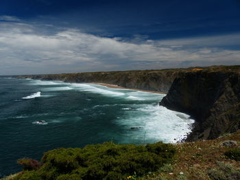 Scenic view of sea against sky with cliffs