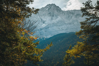 Scenic view of mountains against sky during autumn