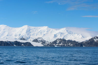Scenic view of sea and snowcapped mountains against sky