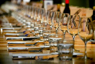 Close-up of glasses on table