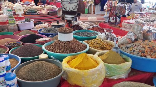 High angle view of various vegetables for sale at market stall