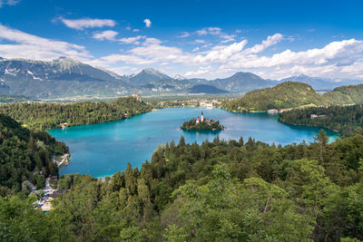 Scenic view of lake and mountains against sky