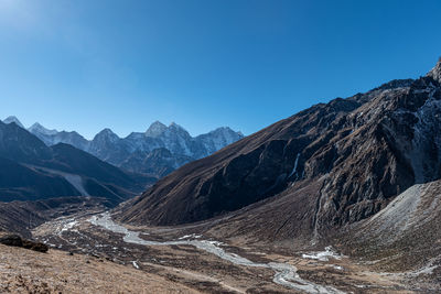 Scenic view of mountains against clear blue sky