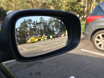 Reflection of trees on side-view mirror of car