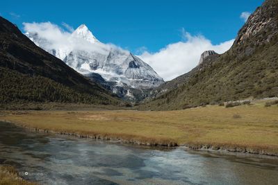 Scenic view of lake and mountains against sky