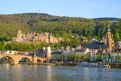 Alte brucke and buildings in the old town on the neckar river, heidelberg, baden-württemberg, germany