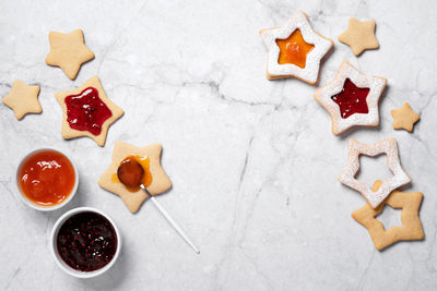 High angle view of cookies