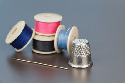 Close-up of multi colored objects on table