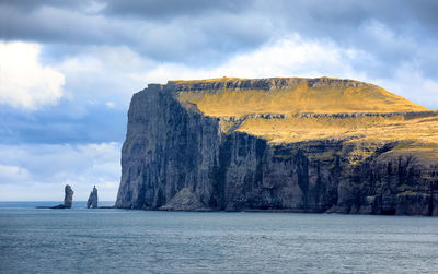 Panoramic view of rock formations by sea against sky