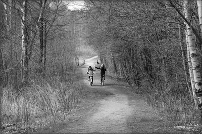 Rear view of girls riding bicycle on dirt road amidst trees