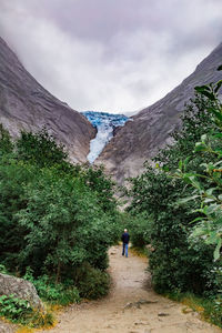 Rear view of person walking on mountain against sky