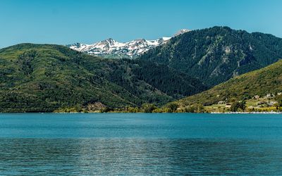 Scenic view of mountains against clear blue sky