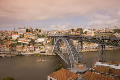 Dom luis i bridge over douro river by city against sky