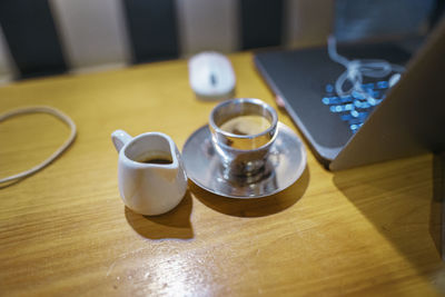 High angle view of coffee cup on table