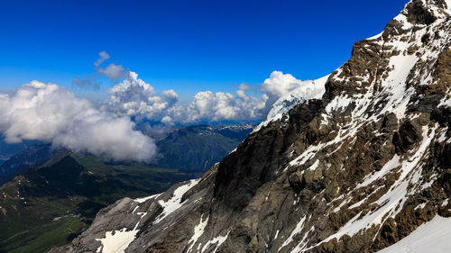 Scenic view of snowcapped mountains against blue sky