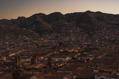 High angle view of townscape against sky during sunset