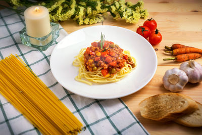 High angle view of breakfast served on table