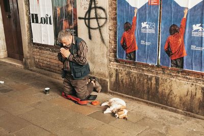 High angle view of people with dog