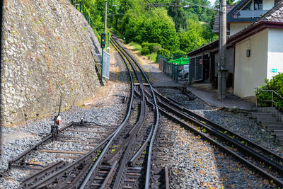 Cog railway tracks with an additional toothed rack located in the middle of the track to overcome 