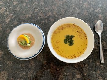 High angle view of soup in bowl on table