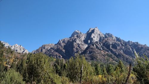 Scenic view of mountain against clear blue sky