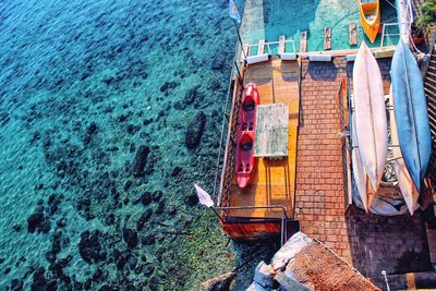 High angle view of boat moored on beach