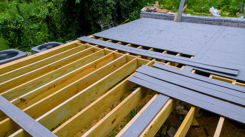 High angle view of bench in park