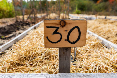 Close-up of sign board on field