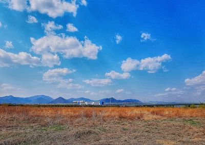 Scenic view of field against blue sky