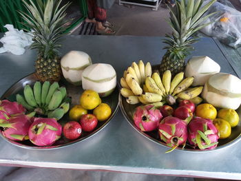 High angle view of fruits and vegetables on table