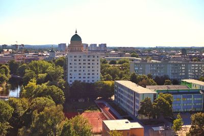 High angle view of buildings in city