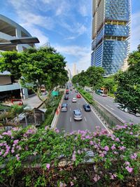 Cars on street amidst buildings against sky