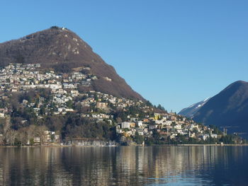 Scenic view of lake by buildings against clear sky