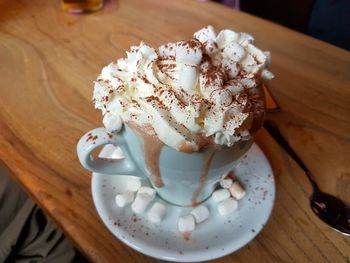 High angle view of ice cream in plate on table