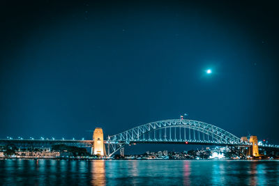 Illuminated bridge over river at night