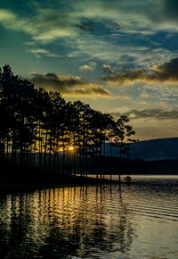 Silhouette trees by lake against sky during sunset