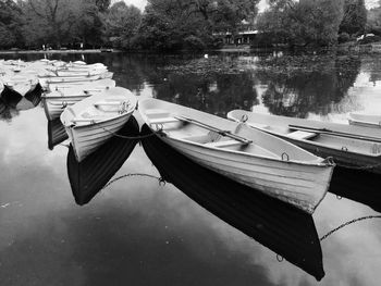 Close-up of boats moored in lake