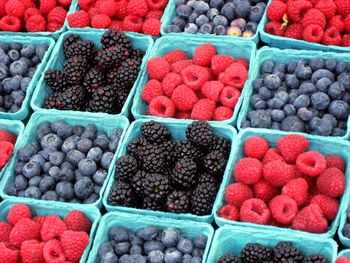 Full frame shot of various berries in containers at market