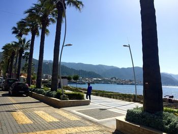 Scenic view of mountains against clear blue sky