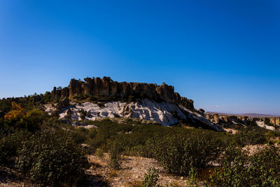 Scenic view of rocky mountains against clear blue sky