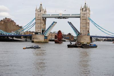 Bridge over river with city in background