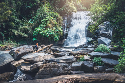 Scenic view of waterfall with woman standing on rock in forest