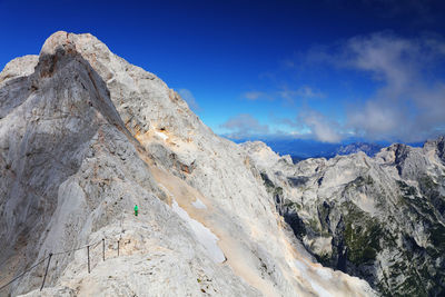 Low angle view of mountain against blue sky