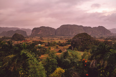 Scenic view of mountains against sky during sunset