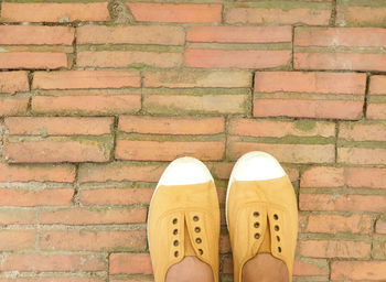 Low section of person standing on brick wall