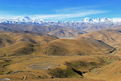 Scenic view of snowcapped mountains against sky