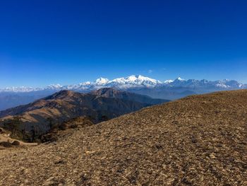 Scenic view of mountains against blue sky