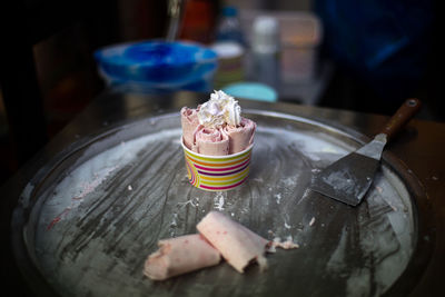 Ice cream in plate on table