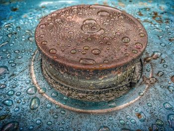 Close-up high angle view of coin on water