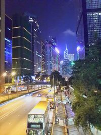 View of city lit up at night